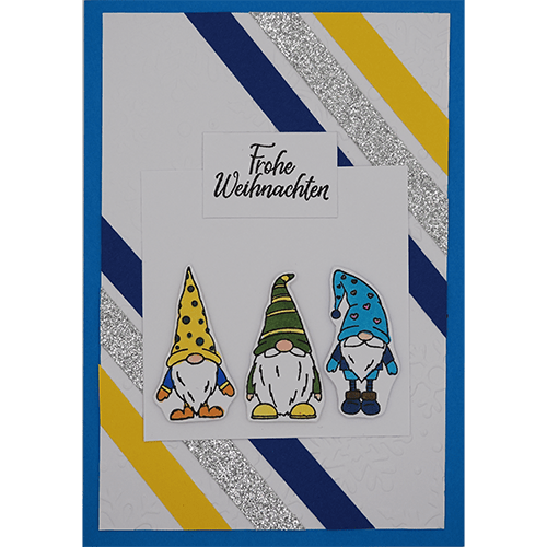 Weihnachtskarte mit drei Wichteln gelb