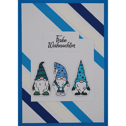 Weihnachtskarte mit drei Wichteln blau