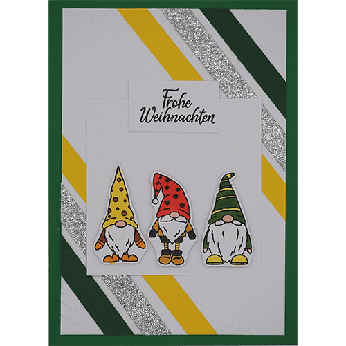 Weihnachtskarte mit drei Wichteln dunkelgrün