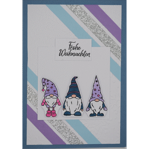 Weihnachtskarte mit drei Wichteln lila