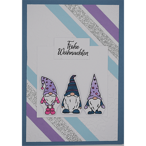 Weihnachtskarte mit drei Wichteln lila