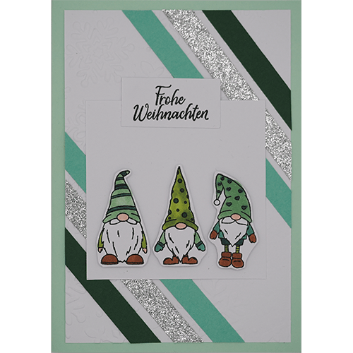 Weihnachtskarte mit drei Wichteln türkis