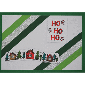 Weihnachtskarte mit Häusern im Wald dunkelgrün