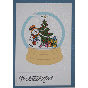 Weihnachtskarte Schneekugel Schneemann blau