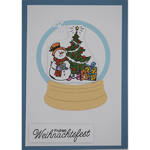 Weihnachtskarte Schneekugel Schneemann blau