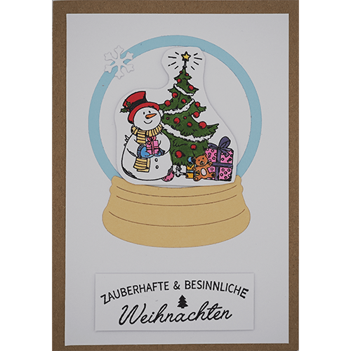 Weihnachtskarte Schneekugel Schneemann braun