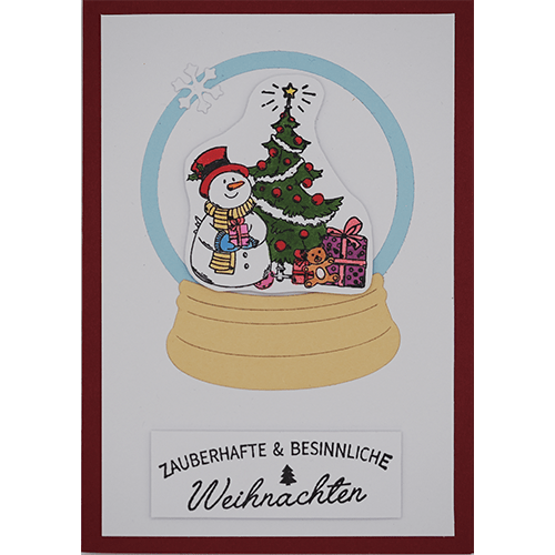 Weihnachtskarte Schneekugel Schneemann rot