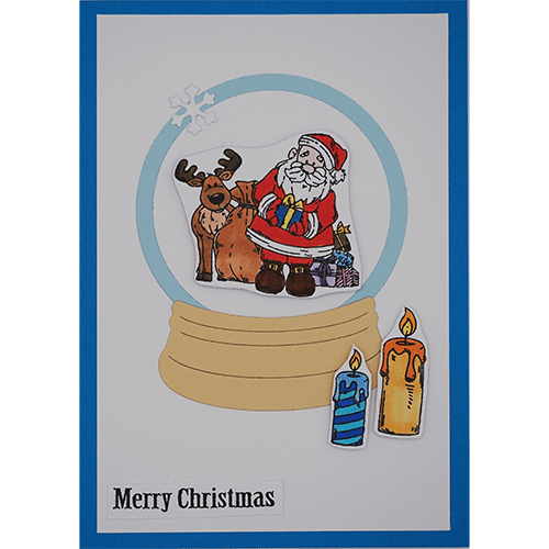 Weihnachtskarte Schneekugel Weihnachtsmann blau
