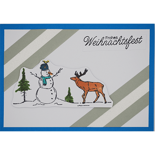 Weihnachtskarte mit Schneemann und Rentier blau