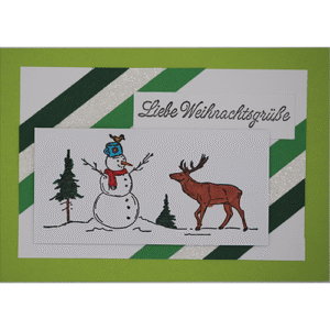 Weihnachtskarte mit Schneemann und Rentier grün