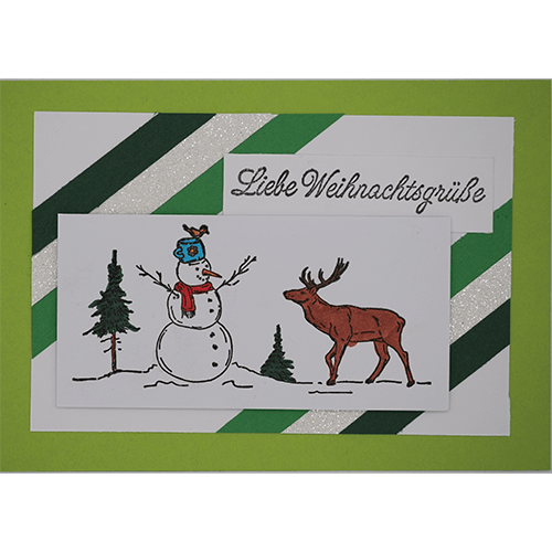 Weihnachtskarte mit Schneemann und Rentier grün