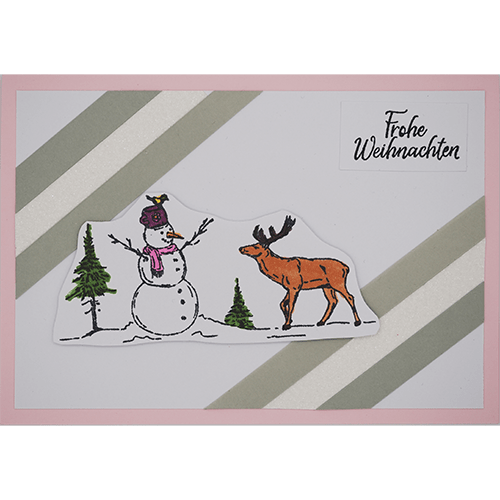 Weihnachtskarte mit Schneemann und Rentier pink