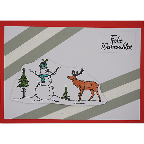 Weihnachtskarte mit Schneemann und Rentier rot