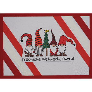 Weihnachtskarte mit vier Wichteln und Tannenbaum rot