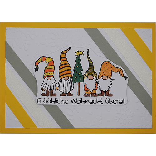 Weihnachtskarte mit vier Wichteln und Tannenbaum grau