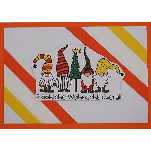 Weihnachtskarte mit vier Wichteln und Tannenbaum orange