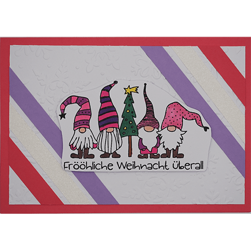 Weihnachtskarte mit vier Wichteln und Tannenbaum pink