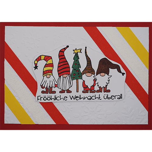 Weihnachtskarte mit vier Wichteln und Tannenbaum rot-gelb