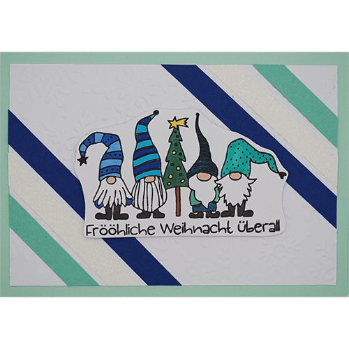 Weihnachtskarte mit vier Wichteln und Tannenbaum türkis